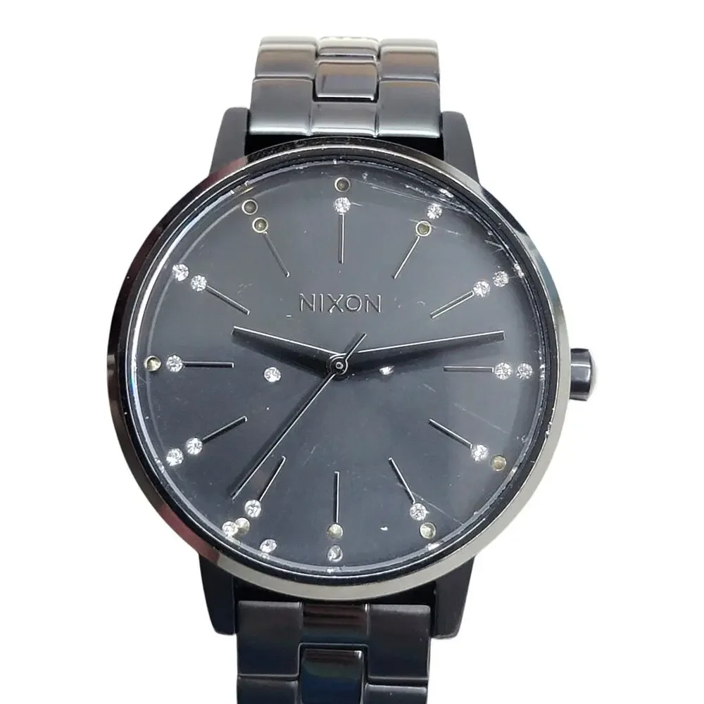 Nixon The Kensington All Black Quartz Watch 37mm Womens Steel Crystal Accents